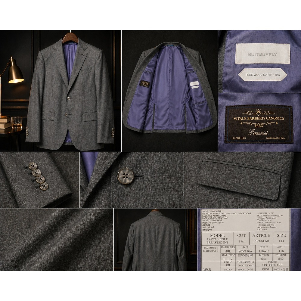 Suitsupply Lazio Blazer Mens 48L Gray Super 110's Wool Vitale Barberis Canonico